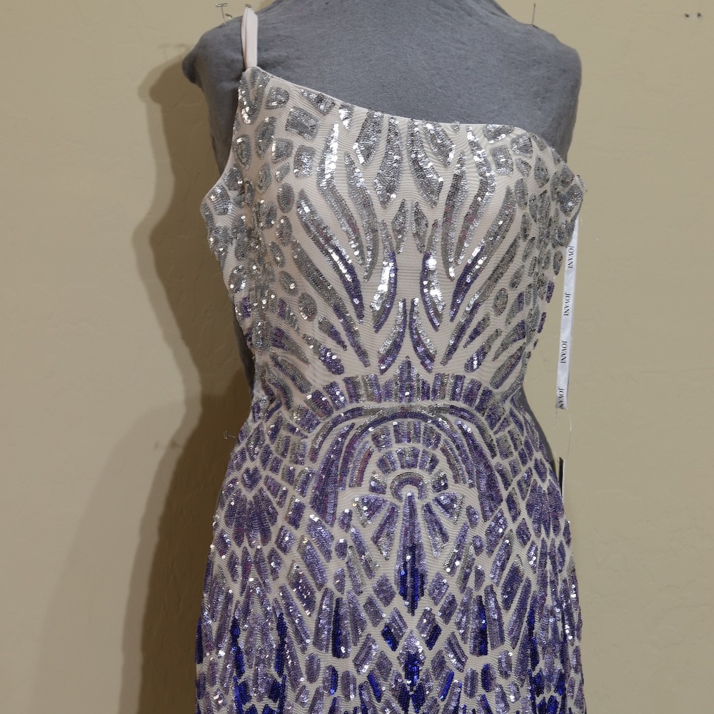 JOVANI one shoulder ombre embellished short evening dress size 6 in silver royal